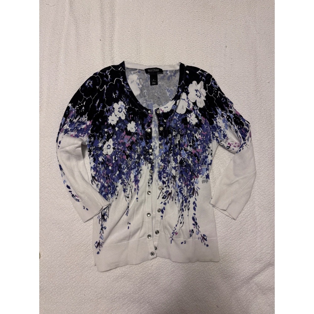 White House Black Market Floral Beaded Cardigan Sweater Purple Blue White Small